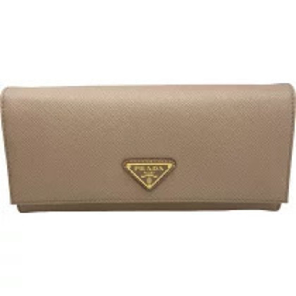 Prada Triangle Bi fold Long Wallet Beige Cream Saffiano Leather